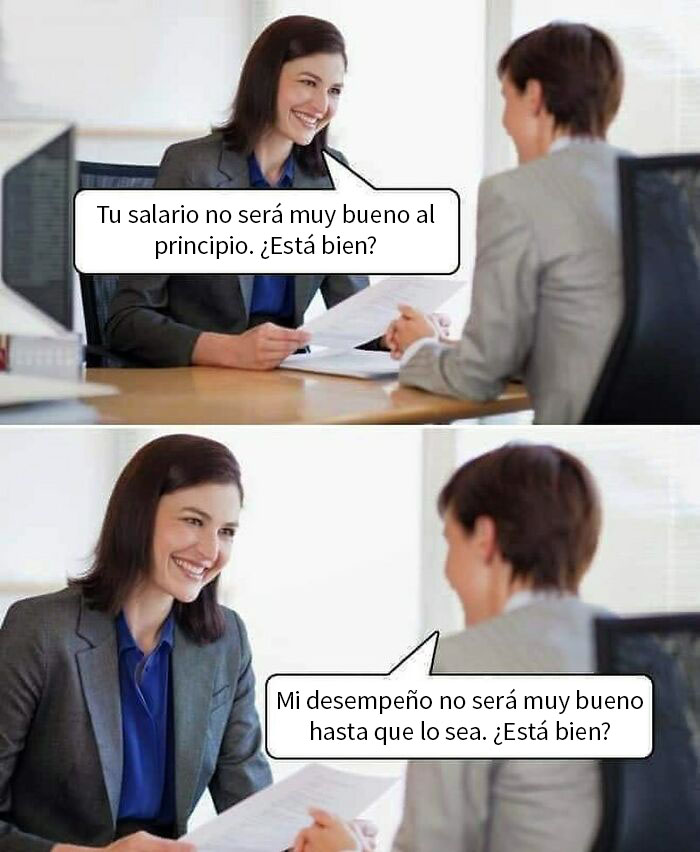 Empleado y jefe en una entrevista de trabajo con diálogo humorístico sobre salario y desempeño laboral. Memes para jornada laboral.