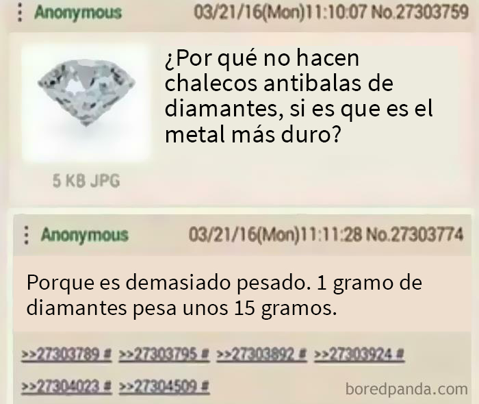 Chat con persona sobre chalecos antibalas de diamantes y su peso.