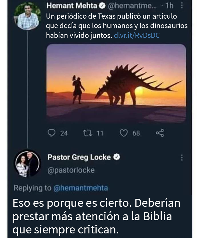 Tweet de una persona respondiendo sobre humanos y dinosaurios viviendo juntos, causando corrección.
