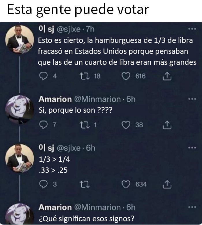 Conversación en Twitter mostrando humor para hombres con confusión matemática sobre fracciones.