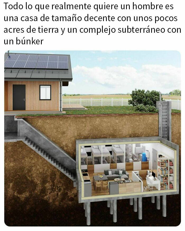 Casa con búnker subterráneo, ideal humor para hombres, con jardín y paneles solares en el techo.