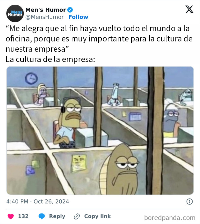 Dibujo humorístico de una oficina, imagen divertida con peces trabajando en cubículos. Humor para hombres.