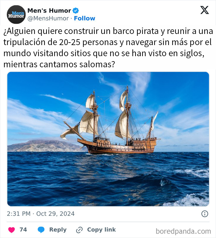 Barco pirata en alta mar con cielo azul, ejemplificando humor para hombres.