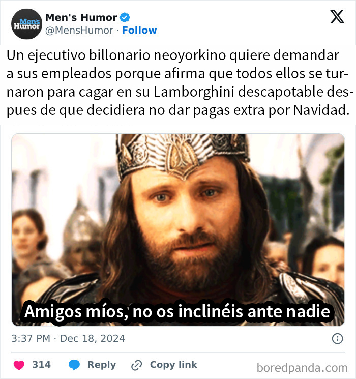 Captura de pantalla de un meme de "humor para hombres" con texto cómico sobre un rey.