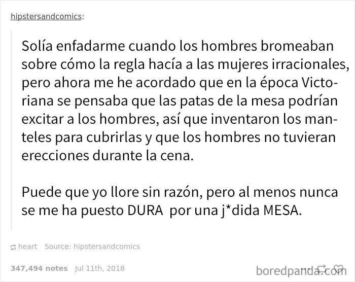 Texto divertido de Tumblr sobre las patas de la mesa y reacciones exageradas en la era victoriana.