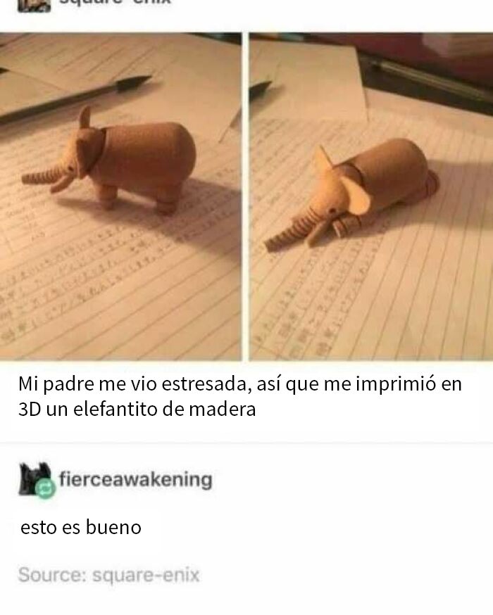 Elefantito de madera impreso en 3D, sobre hojas, de una divertida publicación en Tumblr.