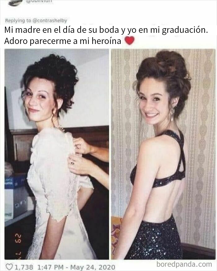 Madre en su boda y yo en mi graduación, reflejando su estilo. Publicaciones divertidas en Tumblr.