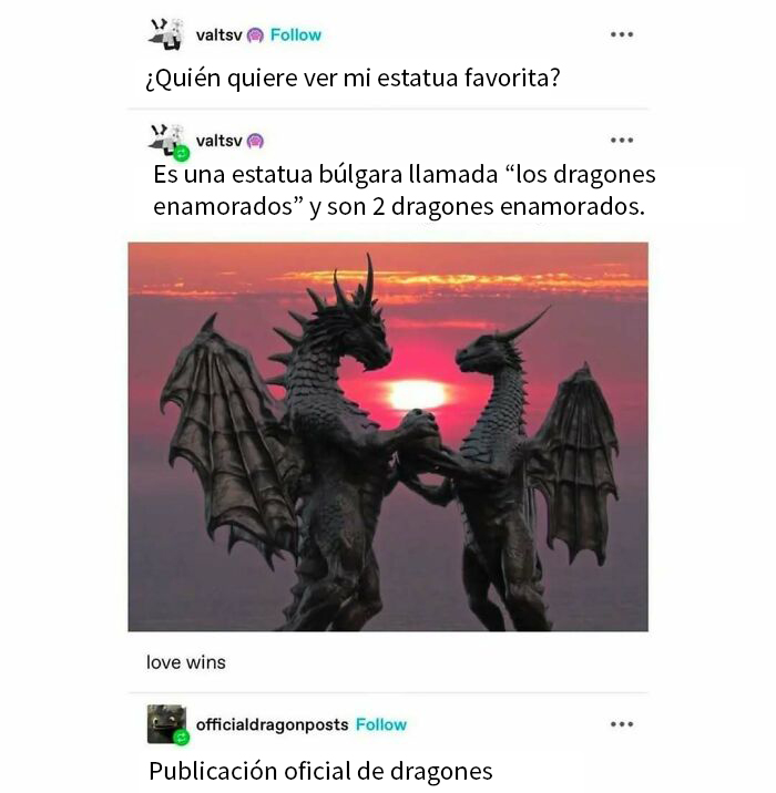 Estatua de dragones enamorados al atardecer; divertida publicación en Tumblr.
