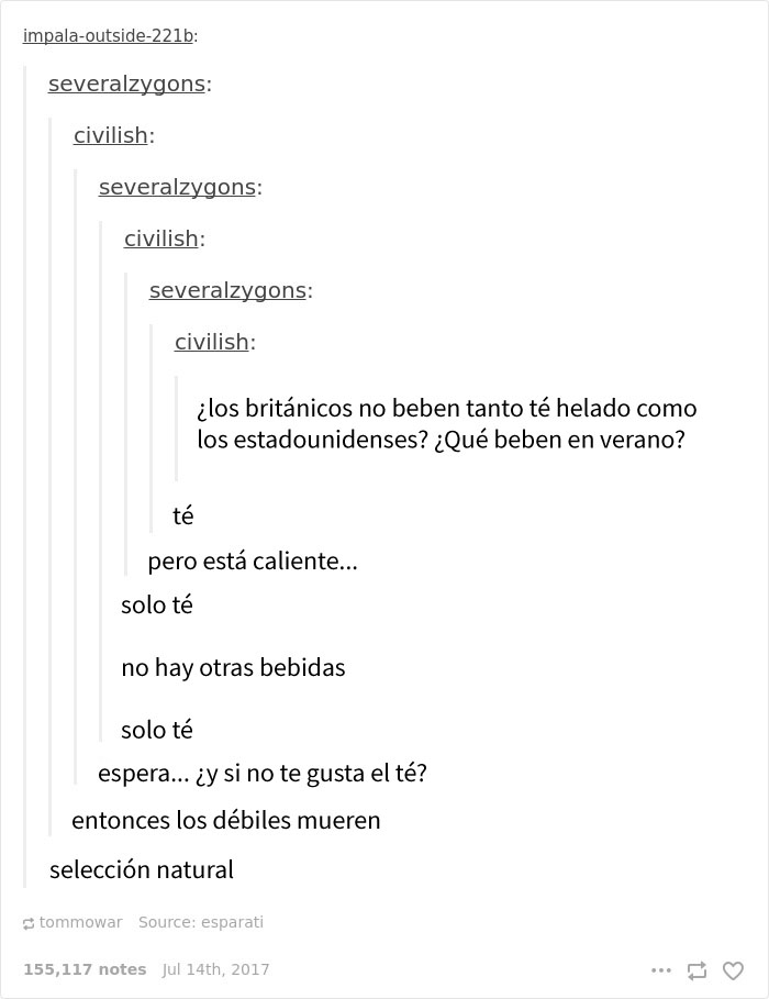 Diálogo divertido en Tumblr sobre el consumo de té en el Reino Unido versus Estados Unidos.