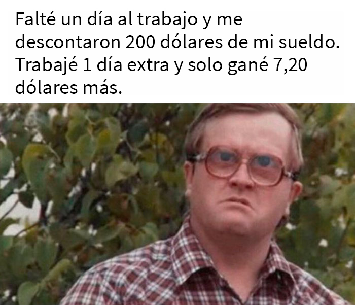Hombre con gafas mirando seriamente, representando un meme sobre la jornada laboral con pérdida y ganancia desigual.