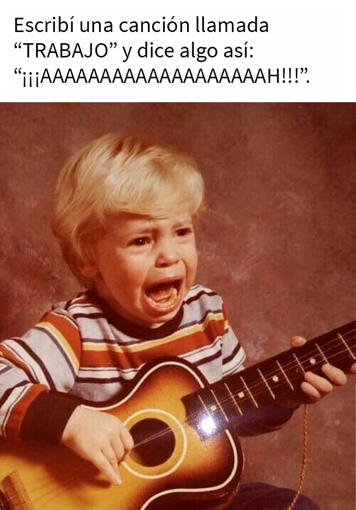 Niño sosteniendo una guitarra, representando un meme sobre el trabajo.