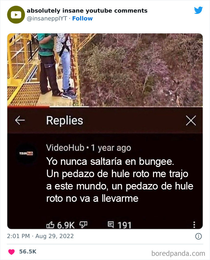 Comentario divertido sobre saltos en bungee, superando al post original con humor y sarcasmo.