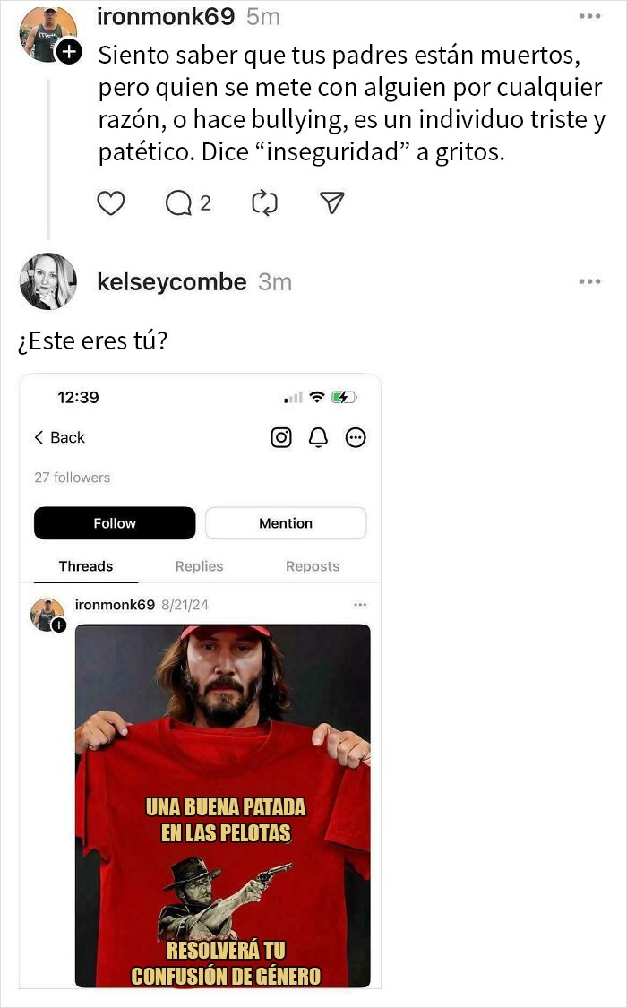 Persona responde con el meme de "¿Este eres tú?" a un comentario ofensivo en redes sociales.