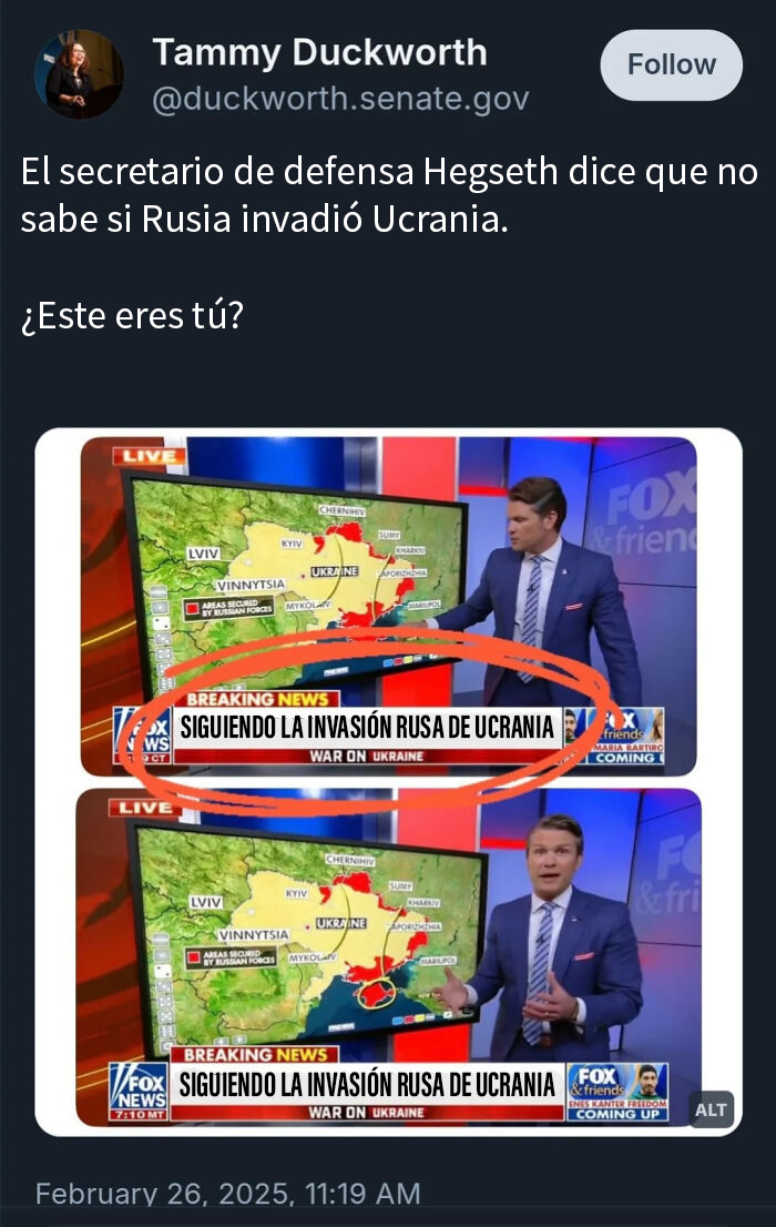 Presentador de noticias en pantalla, interacción irónica con el texto «¿Este eres tú?», sobre invasión rusa a Ucrania.