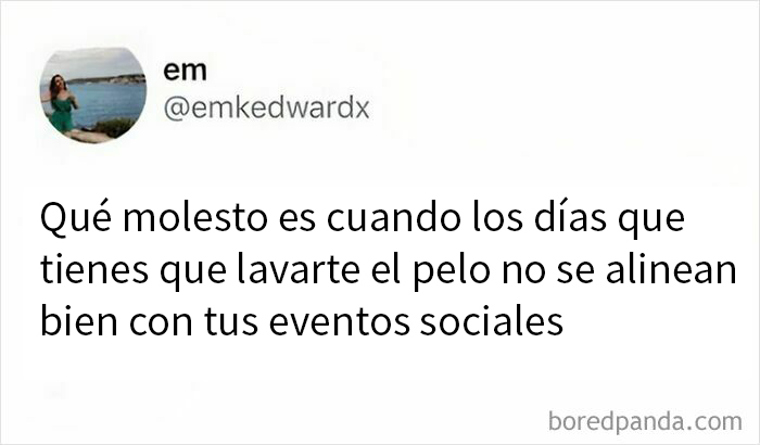 Meme británico divertido sobre la molestia de que los días para lavar el pelo no coinciden con eventos sociales.