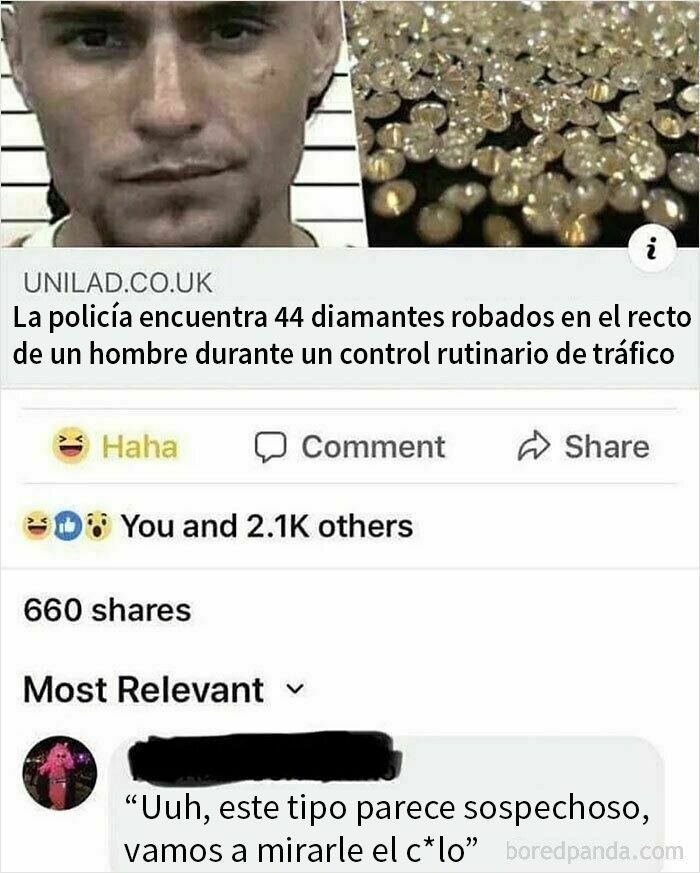 Hombre sospechoso con comentario divertido que supera a la publicación sobre diamantes robados.