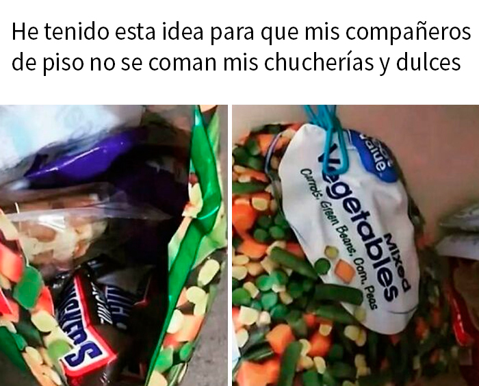 Bolsa de vegetales usada para esconder chucherías, un ejemplo de comida caótica.