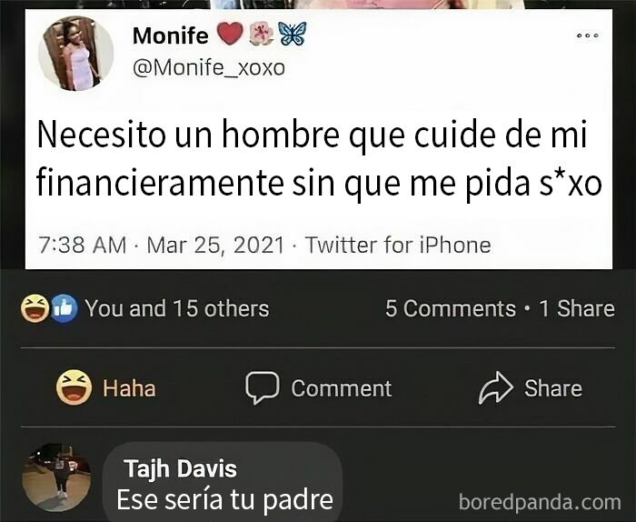 Comentario gracioso en una publicación sobre buscar apoyo financiero sin condiciones.