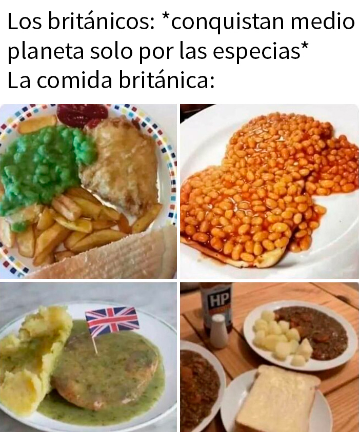 Cuatro platos de comida británica caótica con legumbres y patatas. Memes salvajes sobre comida.