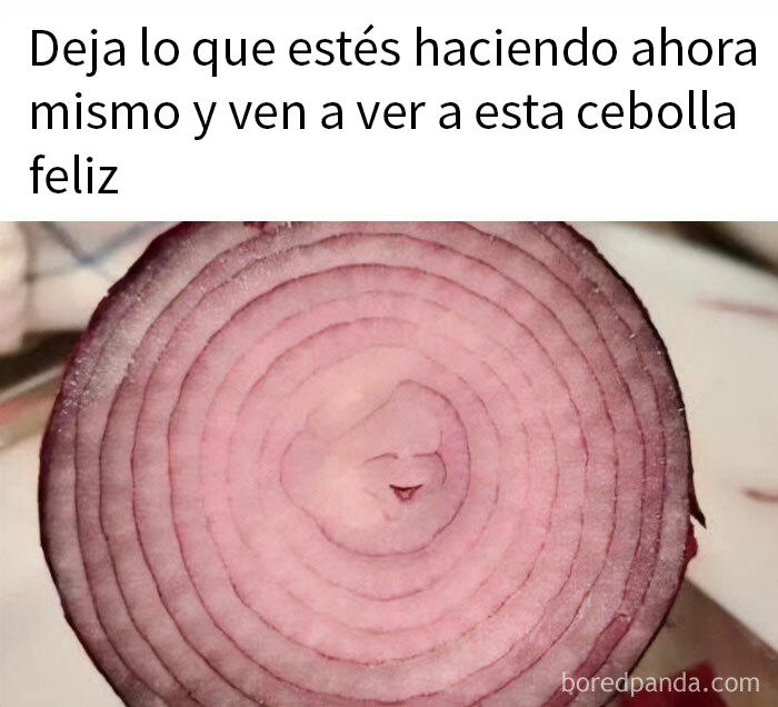 Cebolla cortada mostrando un patrón de cara sonriente, humor en comida.