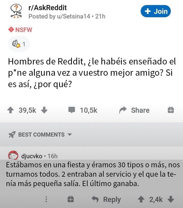 Comentario de Reddit más popular que la publicación original, en un hilo NSFW sobre experiencias entre amigos.