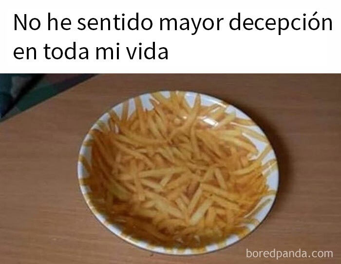 Plato de papas fritas con texto gracioso sobre decepción en la comida.