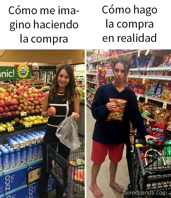 Meme divertido de la compra, mostrando comparación entre expectativa y realidad en un supermercado.