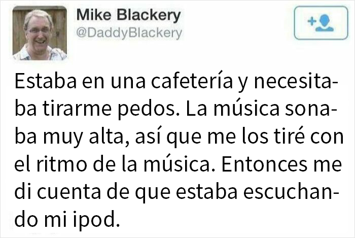 Tweet con anécdota embarazosa sobre tirarse pedos en una cafetería.