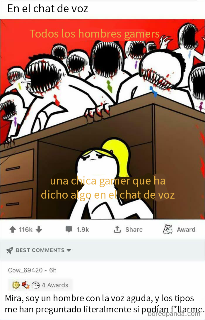 Dibujo humorístico de chica gamer en un chat de voz, rodeada de figuras que representan comentarios masculinos.