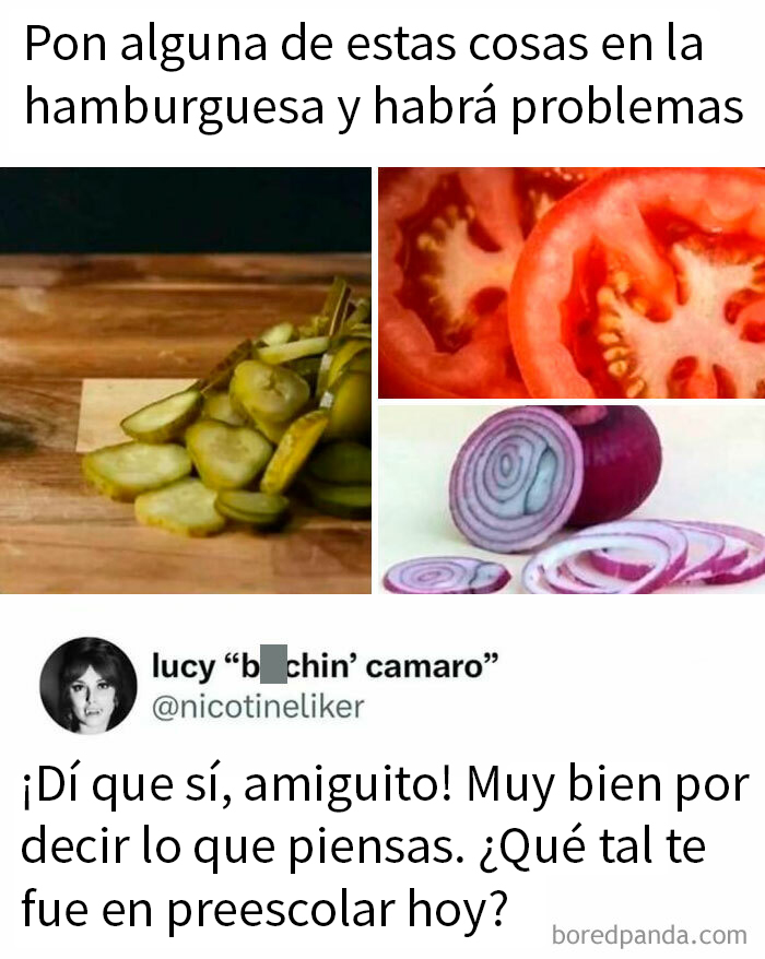 Memes divertidos: fotos de pepinillos, tomate y cebolla con un tuit que comenta sobre ser honesto en preescolar.