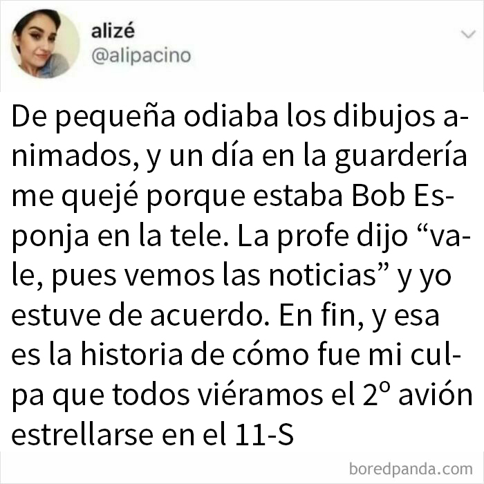 Meme divertido sobre un recuerdo de infancia relacionado con dibujos animados y el 11-S.