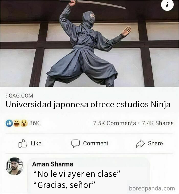 Ninja posando en una universidad, comentario gracioso abajo sobre su ausencia en clase.