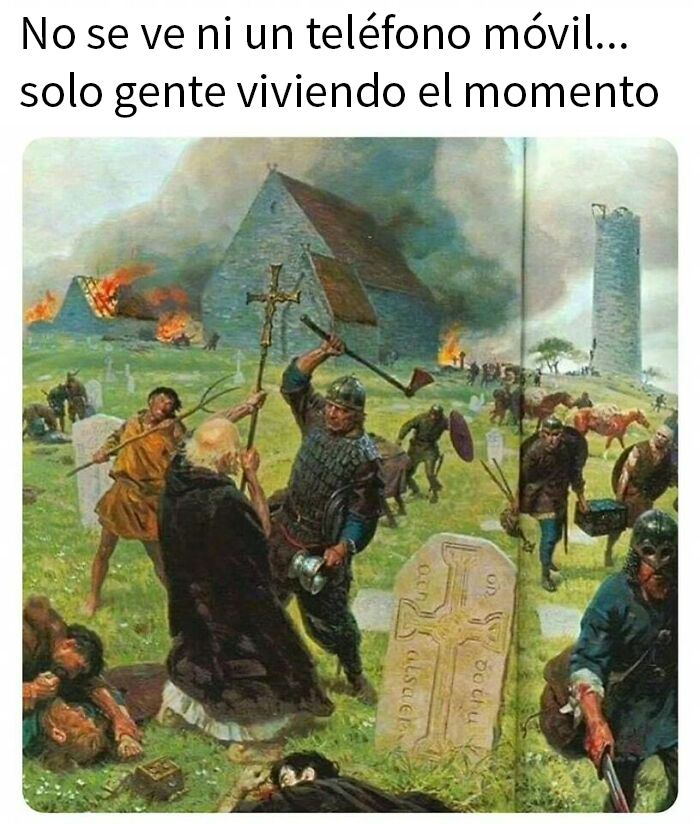 Escena medieval humorística sin teléfonos móviles, gente disfrutando el momento.