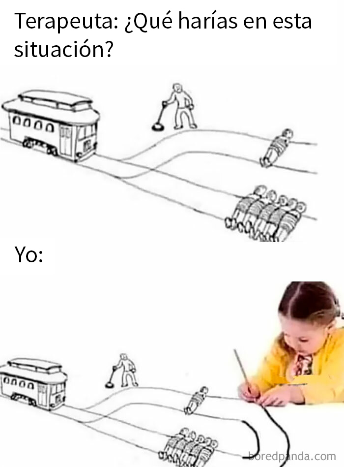Niña dibuja el dilema del tranvía en un divertido meme.