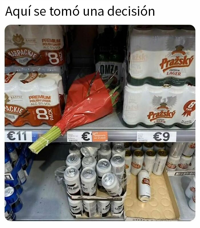 Ramos de flores y cervezas en el mostrador, destacando decisiones caóticas y divertidas de la vida.