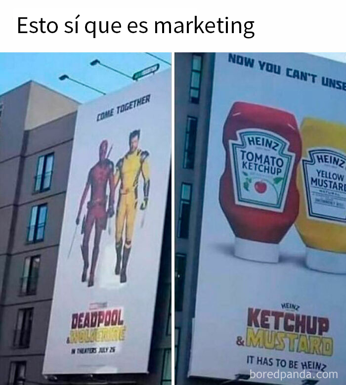 Publicidad caótica en dos carteles: Deadpool y Wolverine juntos y ketchup con mostaza Heinz.