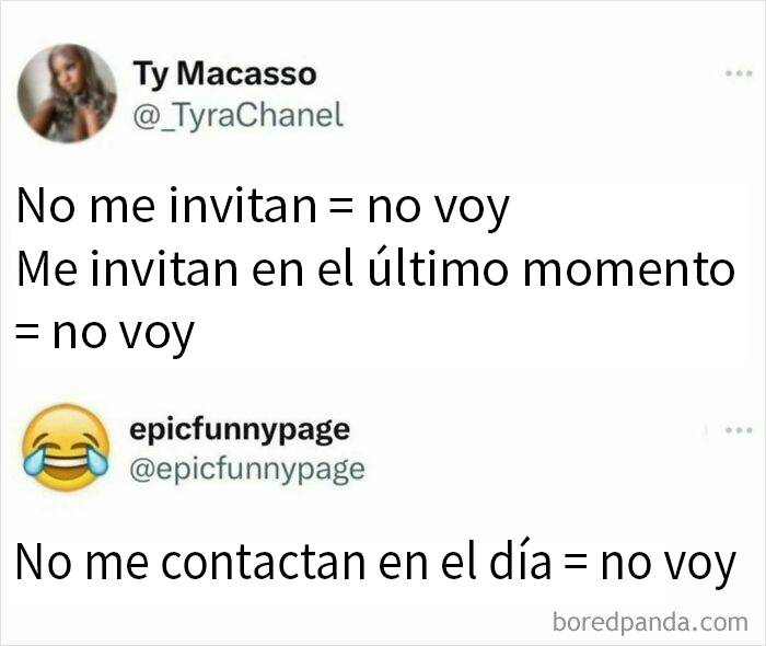 Meme divertido sobre razones para no asistir a eventos, con texto humorístico sobre invitar en último momento.