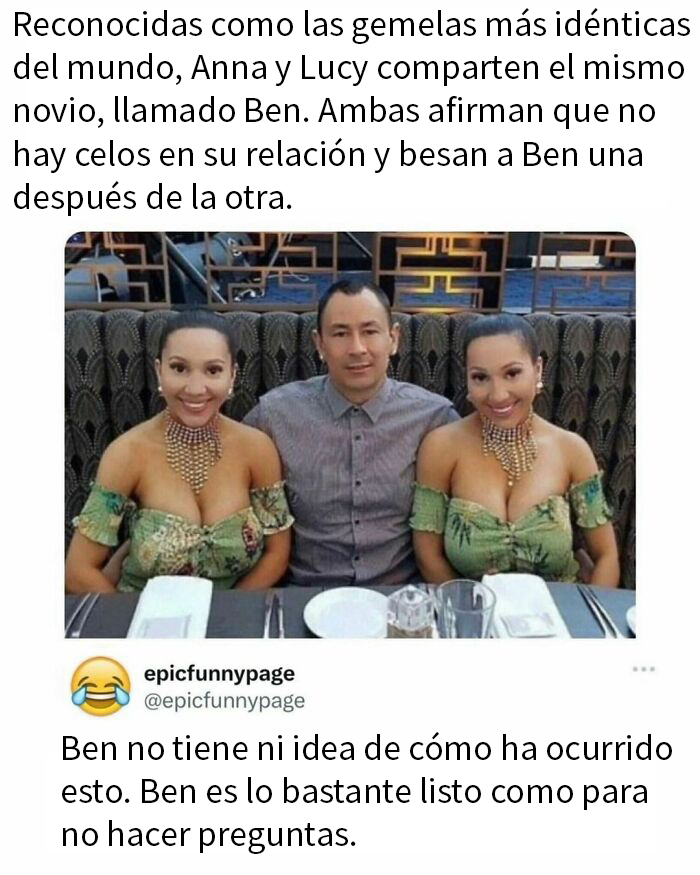 Gemelas idénticas con el mismo novio, sentados juntos en un restaurante, ejemplifican situaciones caóticas y divertidas de la vida.