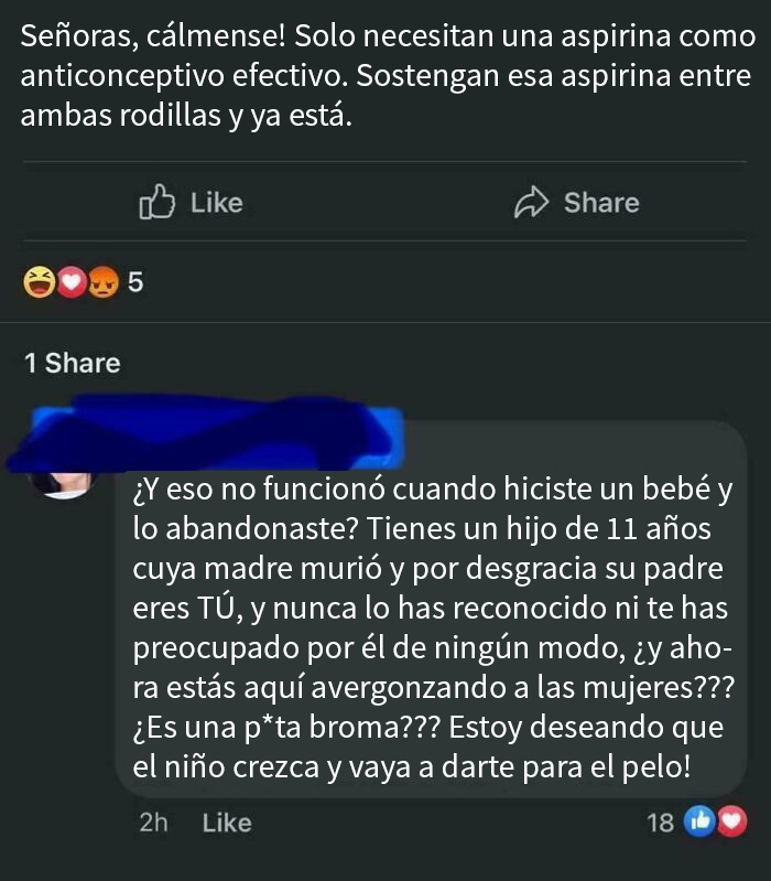 Persona responde con réplica sarcástica a comentario inadecuado sobre anticoncepción en redes sociales.