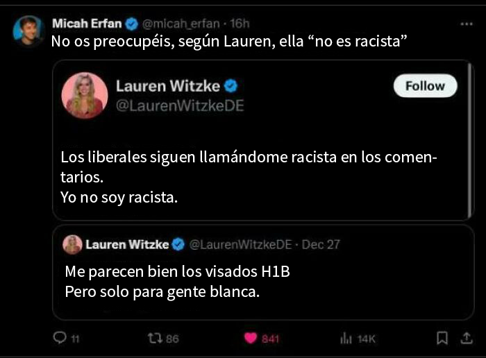 Tuits sobre racismo y visados H1B, destacando la réplica "¿Este eres tú?" en una discusión en redes sociales.