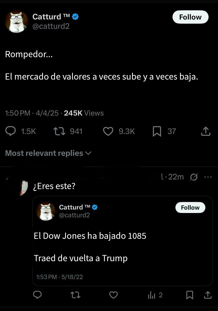 Tuit irónico sobre el mercado de valores con respuesta "¿Eres este tú?" mostrando mensajes contradictorios.