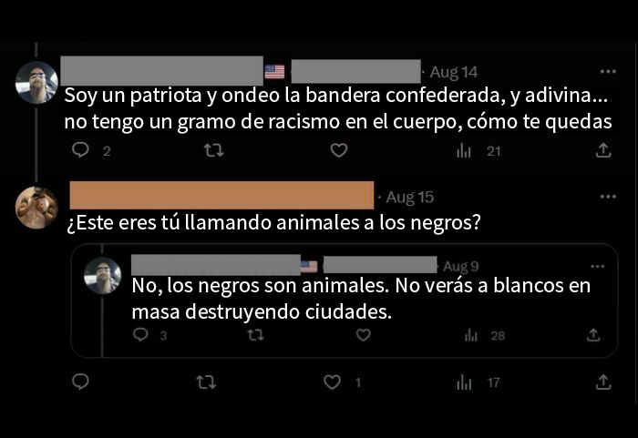 Personas avergonzadas en internet por comentarios racistas contrapuestos en redes sociales.