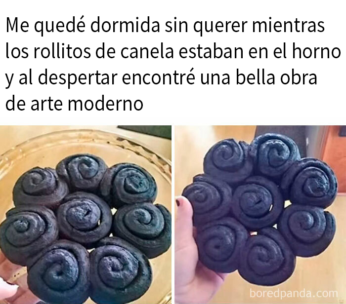 Memes divertidos de comida: rollitos de canela quemados que parecen obra de arte moderno.