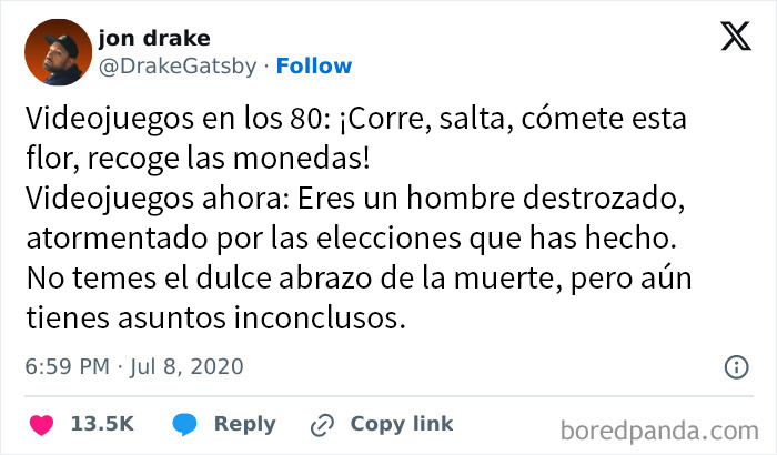 Meme de videojuegos destacando la evolución de los juegos en los 80 hacia experiencias más complejas y emocionales.