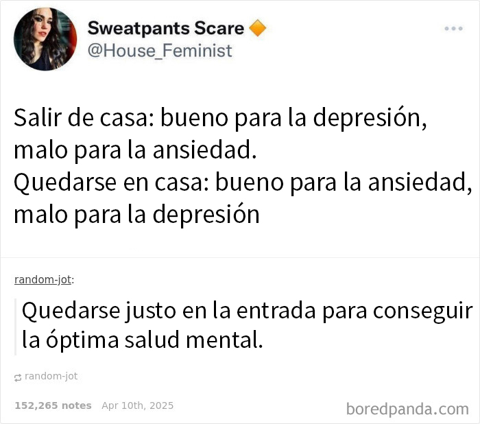 Meme contra la humanidad sobre la elección entre salir o quedarse en casa y sus efectos en depresión y ansiedad.