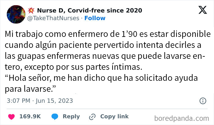 Meme divertido sobre el rol de un enfermero en situaciones incómodas con pacientes traviesos.