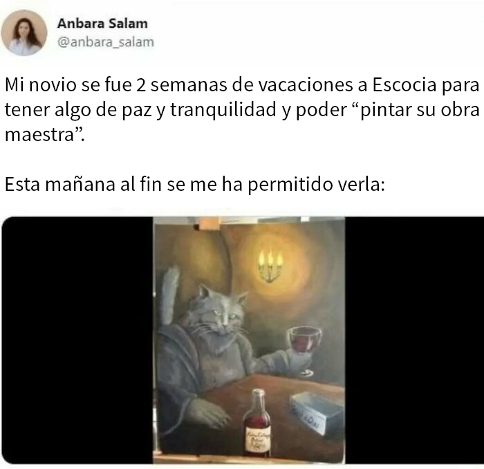Gato en pintura cómica sosteniendo una copa de vino, ilustrando un meme "contra la humanidad".