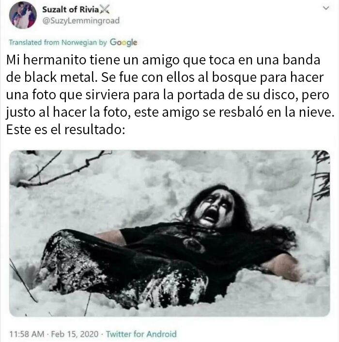 Meme de hombre en la nieve, vestido de negro, parte de una banda de black metal, tono cómico.