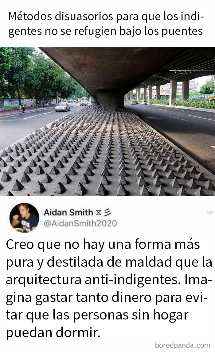 Arquitectura anti-indigentes bajo un puente con métodos disuasorios, junto con un comentario crítico.