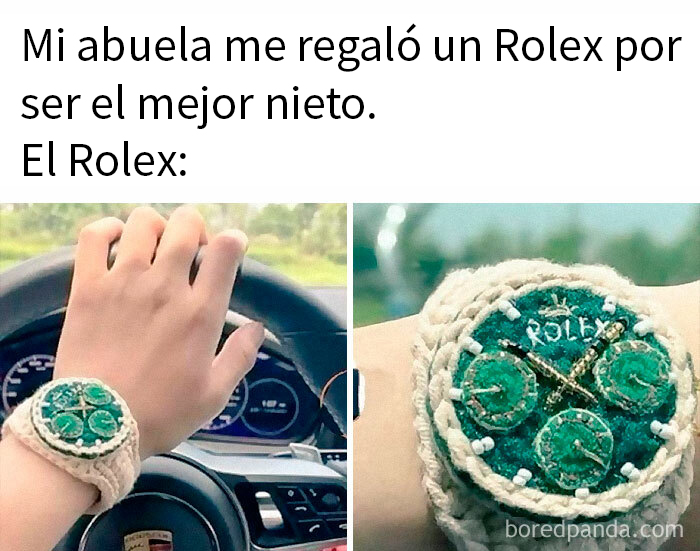 Persona en un coche con un Rolex hecho a mano. Texto gracioso sobre regalo de abuela. Memes de buen humor.